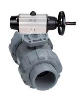 Кран шаровой DN.ru BV4242E-FP-GRM-ISO Дн15 Ру10 полнопроходной, корпус - НПВХ, шар - НПВХ, уплотнение - EPDM, с пневмоприводом PA-DA-105-1 двойного действия со штурвалом