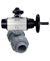 Кран шаровой DN.ru BV4242E-FP-GRM-ISO Дн15 Ру10 полнопроходной, корпус - НПВХ, шар - НПВХ, уплотнение - EPDM, с пневмоприводом PA-DA-105-1 и БКВ APL-410N EX