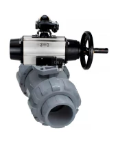 Кран шаровой DN.ru BV4242E-FP-GRM-ISO Дн15 Ру10 полнопроходной, корпус - НПВХ, шар - НПВХ, уплотнение - EPDM, с пневмоприводом PA-DA-105-1, пневмораспределителем 4V320-08 220В и БКВ APL-410N EX