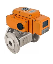 Кран шаровой DN.ru BV3232P(4pc)-FP-3WL-F-ISO-H Ду20 Ру16 полнопроходной трехходовой, нержавеющая сталь SS316, фланцевый, уплотнение - PTFE, с электроприводом четвертьоборотным DN.ru QT-N-005EM-B1-220VAC-У1-HARK