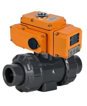 Кран шаровой DN.ru BV4242E-FP-GRM-ISO Дн65 Ру10 полнопроходной, клеевой с разборным муфтовым соединением, корпус - UPVC (НПВХ), шар - UPVC (НПВХ), уплотнение - EPDM, с электроприводом четвертьоборотным DN.ru QT-N-005EM-B1-220VAC-У1-HARK