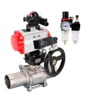 Кран шаровой DN.ru BV3232P(3pc)-FP-W-ISO-H LONG Ду10 Ру63, полнопроходной, нержавеющая сталь 316, PTFE, под приварку, с пневмоприводом PA-DA-052, с пневмораспределителем 4V320-08 220В, БКВ APL-210N, ручным дублером MON1-250-T26-ISO, БПВ AFC2000