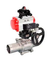 Кран шаровой DN.ru BV3232P(3pc)-FP-W-ISO-H LONG Ду25 Ру63, полнопроходной, нержавеющая сталь 316, уплотнение - PTFE, под приварку, с пневмоприводом PA-DA-083, с пневмораспределителем 4V320-10 220В, БКВ APL-410N Ex, ручным дублером MON2-450-T28-ISO