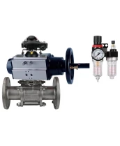Кран шаровой DN.ru BV3232P(3pc)-FP-F-ISO-H Ду100 Ру16 полнопроходной трехсоставной, фланцевый, нержавеющая сталь 316, уплотнение - PTFE, 22х22, F10, WDVF, с пневмоприводом DN.ru PA-DA-105-1, пневмораспределителем 4V320-08 220В, БКВ APL-210N и БПВ AFC2000