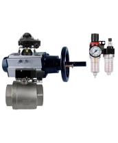 Кран шаровой DN.ru BV3232P(2pc)-FP-T-ISO-H Ду80 Ру40, полнопроходной, внутренняя резьба, нержавеющая сталь SS316, уплотнение - PTFE, с пневмоприводом PA-DA-105-1 двойного действия, с пневмораспределителем 4V320-08 220В, с БКВ APL-210N, с БПВ AFC2000