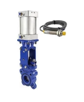 Задвижка шиберная DN.ru GVKR1331E-2W-Fb-2P Ду80 Ру16 двусторонняя, межфланцевая, шпиндель - выдвижной, корпус - чугун GGG40, шибер - нержавеющая сталь 304, уплотнение - EPDM, WENZ, с пневмоприводом и индукционными датчиками LJ12A3-4-J/EZ 220В