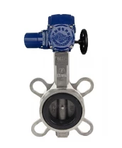 Затвор дисковый поворотный DN.ru WBV3232E-2W-Fb-H Ду200 Ру16, корпус - нержавеющая сталь 316L, диск - нержавеющая сталь 316L, уплотнение - EPDM, с электроприводом взрывозащищенным DN.ru QT-EX-030M-O2-220VAC-У1 с моментной муфтой и штурвалом