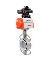Затвор дисковый поворотный DN.ru WBV3131P-2W-Fb-H Ду50 Ру16, корпус - нержавеющая сталь 304, диск - нержавеющая сталь 304, уплотнение - PTFE, с пневмоприводом DN.ru PA-SA-083 и БКВ DN.ru APL-410N EX