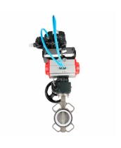 Затвор дисковый поворотный DN.ru WBV3131P-2W-Fb-H Ду50 Ру16, корпус - нержавеющая сталь 304, диск - нержавеющая сталь 304, уплотнение - PTFE, с пневмоприводом DN.ru PA-DA-065, позиционером YT-1000RSN без обратной связи и ручным дублером MON1-250-T26-ISO