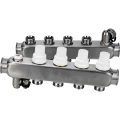 Коллекторная группа DN.ru GC4-31-4 1″ Ду25 Ру10 отводов — 4, в сборе с терморегулирующими клапанами и запорно-балансировочными клапанами, дренажным краном и воздухоотводчиком, с заглушками, без переходников, корпус - нержавеющая сталь AISI 304