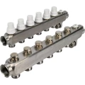 Коллекторная группа DN.ru GC4-31-6 1″ Ду25 Ру10 отводов — 6, в сборе с терморегулирующими клапанами и запорно-балансировочными клапанами, дренажным краном и воздухоотводчиком, с заглушками, без переходников, корпус - нержавеющая сталь AISI 304