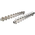 Коллекторная группа DN.ru GC4-31-9 1″ Ду25 Ру10 отводов — 9, в сборе с терморегулирующими клапанами и запорно-балансировочными клапанами, дренажным краном и воздухоотводчиком, с заглушками, без переходников, корпус - нержавеющая сталь AISI 304