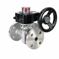 Кран шаровой DN.ru BV3232P(2pc)-FP-3WL-F-ISO-H Ду20 Ру16 HYMT, трехходовой L-тип, полнопроходной, фланцевый, корпус - нержавеющая сталь SS316, с редуктором HGB RQN1-180Z с визуальным указателем положения