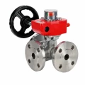 Кран шаровой DN.ru BV3232P(2pc)-FP-3WL-F-ISO-H Ду20 Ру16 HYMT, трехходовой L-тип, полнопроходной, фланцевый, корпус - нержавеющая сталь SS316, с редуктором HGBF RQN1-180Z с визуальным указателем положения и датчиком обратной связи