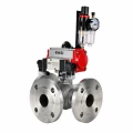Кран шаровой DN.ru BV3232P(2pc)-FP-3WL-F-ISO-H Ду80 Ру16 HYMT трехходовой L-тип, полнопроходной, фланцевый, корпус - нержавеющая сталь AISI316, с пневмоприводом PA-DA-105, пневмораспределителем 4M320-08 AC220V и БПВ AFC2000