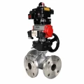 Кран шаровой DN.ru BV3232P(2pc)-FP-3WL-F-ISO-H Ду20 Ру16 HYMT трехходовой L-тип, полнопроходной, фланцевый, корпус - нерж.сталь AISI316, с пн.приводом PA-DA-052, пн.распределителем 4M320-10 AC220V, ручным дублером MON1-250-T26-ISO и БКВ APL-410N EX