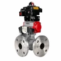 Кран шаровой DN.ru BV3232P(2pc)-FP-3WL-F-ISO-H Ду20 Ру16 HYMT трехходовой L-тип, полнопроходной, фланцевый, корпус - нержавеющая сталь AISI316, с пневмоприводом PA-DA-052, пневмораспределителем 4M320-08 AC220V и БКВ APL-410N EX