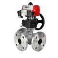 Кран шаровой DN.ru BV3232P(2pc)-FP-3WL-F-ISO-H Ду20 Ру16 HYMT трехходовой L-тип, полнопроходной, фланцевый, корпус - нержавеющая сталь AISI316, с пневмоприводом PA-DA-052, пневмораспределителем 4M320-08 AC220V и ручным дублером MON1-250-T26-ISO