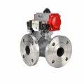Кран шаровой DN.ru BV3232P(2pc)-FP-3WL-F-ISO-H Ду20 Ру16 HYMT трехходовой L-тип, полнопроходной, фланцевый, корпус - нержавеющая сталь AISI316, с пневмоприводом PA-DA-052 и пневмораспределителем 4M320-08 AC220V