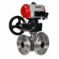 Кран шаровой DN.ru BV3232P(2pc)-FP-3WL-F-ISO-H Ду20 Ру16 HYMT, трехходовой L-тип, полнопроходной, фланцевый, корпус - нержавеющая сталь SS316, с пневмоприводом PA-DA-052, пневмораспределителем 4M310-08 AC220V и ручным дублером MON1-250-T26-ISO