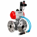 Кран шаровой DN.ru BV3232P(2pc)-FP-3WL-F-ISO-H Ду20 Ру16 HYMT, трехходовой L-тип, полнопроходной, фланцевый, корпус - нержавеющая сталь SS316, с пневмоприводом PA-DA-052, пневмораспределителем 4V320-10 AC220V и БПВ AFC2000