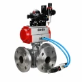 Кран шаровой DN.ru BV3232P(2pc)-FP-3WL-F-ISO-H Ду20 Ру16 HYMT, трехходовой L-тип, полнопроходной, фланцевый, корпус - нержавеющая сталь SS316, с пневмоприводом PA-SA-065, пневмораспределителем 4V320-10 AC220V, БКВ APL-210N и БПВ AFC2000