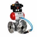 Кран шаровой DN.ru BV3232P(2pc)-FP-3WL-F-ISO-H Ду20 Ру16 HYMT, трехходовой L-тип, полнопроходной, фланцевый, корпус - нержавеющая сталь SS316, с пневмоприводом PA-SA-065, пневмораспределителем 4V320-10 AC220V и БКВ APL-410N EX
