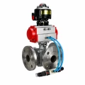 Кран шаровой DN.ru BV3232P(2pc)-FP-3WL-F-ISO-H Ду20 Ру16 HYMT, трехходовой L-тип, полнопроходной, фланцевый, корпус - нержавеющая сталь SS316, с пневмоприводом PA-DA-052, пневмораспределителем 4V320-10 AC220V и БКВ APL-510N EX