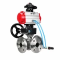 Кран шаровой DN.ru BV3232P(2pc)-FP-3WL-F-ISO-H Ду20 Ру16 HYMT, трехходовой L-тип, полнопроходной, фланцевый, нержав.сталь SS316, с пневмоприводом PA-DA-052, пневмораспределителем 4V320-10 AC220V, ручным дублером MON1-250-T26-ISO и БКВ APL-210N