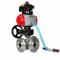 Кран шаровой DN.ru BV3232P(2pc)-FP-3WL-F-ISO-H Ду20 Ру16 HYMT, трехходовой L-тип, полнопроходной, фланцевый, нержав.сталь SS316, с пневмоприводом PA-DA-052, пневмораспределителем 4V320-10 AC220V, ручным дублером MON1-250-T26-ISO и БКВ APL-410N EX
