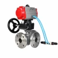 Кран шаровой DN.ru BV3232P(2pc)-FP-3WL-F-ISO-H Ду20 Ру16 HYMT, трехходовой L-тип, полнопроходной, фланцевый, корпус - нержавеющая сталь SS316, с пневмоприводом PA-DA-052, пневмораспределителем 4V320-10 AC220V и ручным дублером MON1-250-T26-ISO