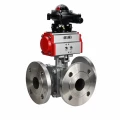 Кран шаровой DN.ru BV3232P(2pc)-FP-3WL-F-ISO-H Ду20 Ру16 HYMT, трехходовой L-тип, полнопроходной, фланцевый, корпус - нержавеющая сталь SS316, с пневмоприводом PA-DA-052 и БКВ APL-210N