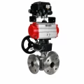 Кран шаровой DN.ru BV3232P(2pc)-FP-3WL-F-ISO-H Ду20 Ру16 HYMT, трехходовой L-тип, полнопроходной, фланцевый, корпус - нержавеющая сталь SS316, с пневмоприводом PA-DA-052, ручным дублером MON1-250-T26-ISO и пневмопозиционером YT-1000RSN без обратной связи