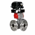 Кран шаровой DN.ru BV3232P(2pc)-FP-3WL-F-ISO-H Ду20 Ру16 HYMT, трехходовой L-тип, полнопроходной, фланцевый, корпус - нержавеющая сталь SS316, с пневмоприводом PA-SA-065 и пневмопозиционером YT-1000RSN без обратной связи