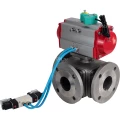 Кран шаровой DN.ru BV3232P(4pc)-FP-3WL-F-ISO-H Ду25 Ру16 полнопроходной трехходовой L-тип, фланцевый, корпус - нержавеющая сталь SS316, уплотнение - PTFE, с пневмоприводом PA-DA-052, пневмораспределителем 4V320-08 220В и магнитным переключателем ALS200D