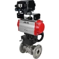 Кран шаровой DN.ru BV3232P(3pc)-FP-F-ISO-H Ду32 Ру40, трехсоставной полнопроходной фланцевый, нержавеющая сталь SS316, PTFE, с пневмоприводом PA-DA-052, с ручным дублером MON1-250-T26-ISO и электропневматическим позиционером YT-1000RSN с обратной связью
