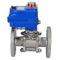 Кран шаровой DN.ru BV3232P(3pc)-FP-F-ISO-H Ду25 Ру40 трехсоставной из нержавеющей стали SS316, фланцевый, уплотнение - PTFE, полнопроходной с электроприводом DN.ru QT-N-003EM-O1-24VDC-У1 blue