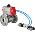 Кран шаровой DN.ru BV3232P(3pc)-FP-F-ISO-H Ду32 Ру40, трехсоставной полнопроходной фланцевый, нержавеющая сталь SS316, уплотнение - PTFE, с пневмоприводом PA-SA-083 с возвратными пружинами, с пневмораспределителем 4V320-10 220В