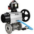 Кран шаровой DN.ru BV3131P(3pc)-FP-F-ISO-H Ду65 Ру25, трехсоставной полнопроходной фланцевый, нержавеющая сталь SS304, уплотнение - PTFE, с пневмоприводом PA-DA-105-1 двойного действия, с пневмораспределителем 4V320-08 220В, с БКВ APL-510N EX
