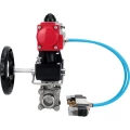 Кран шаровой DN.ru BV3232P(3pc)-FP-W-ISO-H Ду80 Ру25, полнопроходной, трехсоставной, нержавеющая сталь 316, уплотнение - PTFE, под приварку, с пневмоприводом PA-DA-105, пневмораспределителем 4V320-10 220В, ручным дублером MON3-700-T38-ISO