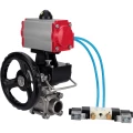 Кран шаровой DN.ru BV3232P(3pc)-FP-W-ISO-H Ду15 Ру63, полнопроходной, трехсоставной, нержавеющая сталь 316, уплотнение - PTFE, под приварку, с пневмоприводом PA-DA-052, пневмораспределителем 4V320-10 220В, ручным дублером MON1-250-T26-ISO