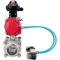 Кран шаровой DN.ru BV3232P(3pc)-FP-W-ISO-H WDVF Ду15 Ру63 полнопроходной, трехсоставной, корпус - нержавеющая сталь 316, уплотнение - PTFE, под приварку, с пневмоприводом PA-SA-065, пневмораспределителем 4V320-10 220В, БКВ APL-210N