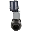Кран шаровой DN.ru BV4242E-FP-GRM-ISO Дн15 Ру10 полнопроходной, клеевой с разборным муфтовым соединением, корпус - НПВХ, шар - НПВХ, уплотнение - EPDM, с электроприводом DN.ru QTSA-N-003EM-O0-220VAC с пружинным возвратом