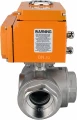 Кран шаровой DN.ru BV3232P(4pc)-SP-3WL-T-ISO-H Ду100 Ру40 стандартнопроходной L-тип, трехходовой, нержавеющая сталь SS316, внутренняя резьба, уплотнение - PTFE, с эл. приводом DN.ru E34-N-010EM-O1-220VAC-У1