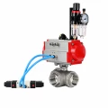 Кран шаровой DN.ru BV3232P(4pc)-SP-3WL-T-ISO-H WDVF Ду40 Ру63 стандартнопроходной, 3-ходовой L-тип, внутренняя резьба, нержавеющая сталь AISI 316, PTFE, с пневмоприводом PA-DA-083, пневмораспределителем 4V320-08 AC220V и БПВ AFC2000