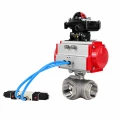 Кран шаровой DN.ru BV3232P(4pc)-SP-3WL-T-ISO-H WDVF Ду32 Ру63 стандартнопроходной, 3-ходовой L-тип, внутренняя резьба, нержавеющая сталь AISI 316, PTFE, с пневмоприводом PA-DA-083, пневмораспределителем 4V320-08 AC220V и БКВ APL-210N