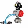 Кран шаровой DN.ru BV3232P(4pc)-SP-3WL-T-ISO-H WDVF Ду32 Ру63 стандартнопроходной, 3-ходовой L-тип, внутренняя резьба, нержавеющая сталь AISI 316, PTFE, с пневмоприводом PA-DA-083, пневмораспределителем 4V320-08 AC220V и БКВ APL-510N EX