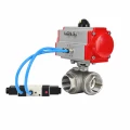 Кран шаровой DN.ru BV3232P(4pc)-SP-3WL-T-ISO-H WDVF Ду32 Ру63 стандартнопроходной, 3-ходовой L-тип, внутренняя резьба, корпус - нержавеющая сталь AISI 316, уплотнение - PTFE, с пневмоприводом PA-DA-083 и пневмораспределителем 4V320-08 AC220V