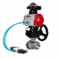 Кран шаровой DN.ru BV3232P(4pc)-SP-3WL-T-ISO-H WDVF Ду32 Ру63 стандартнопроходной, 3-ходовой L-тип, внутренняя резьба, с пневмоприводом PA-DA-083, пневмораспределителем 4V320-10 AC220V, БКВ APL-210N и ручным дублером MON1-250-T26-ISO