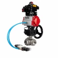 Кран шаровой DN.ru BV3232P(4pc)-SP-3WL-T-ISO-H WDVF Ду32 Ру63 стандартнопроходной, 3-ходовой L-тип, внутренняя резьба, с пневмоприводом PA-DA-083, пневмораспределителем 4V320-08 AC220V, БКВ APL-410N EX и ручным дублером MON1-250-T26-ISO